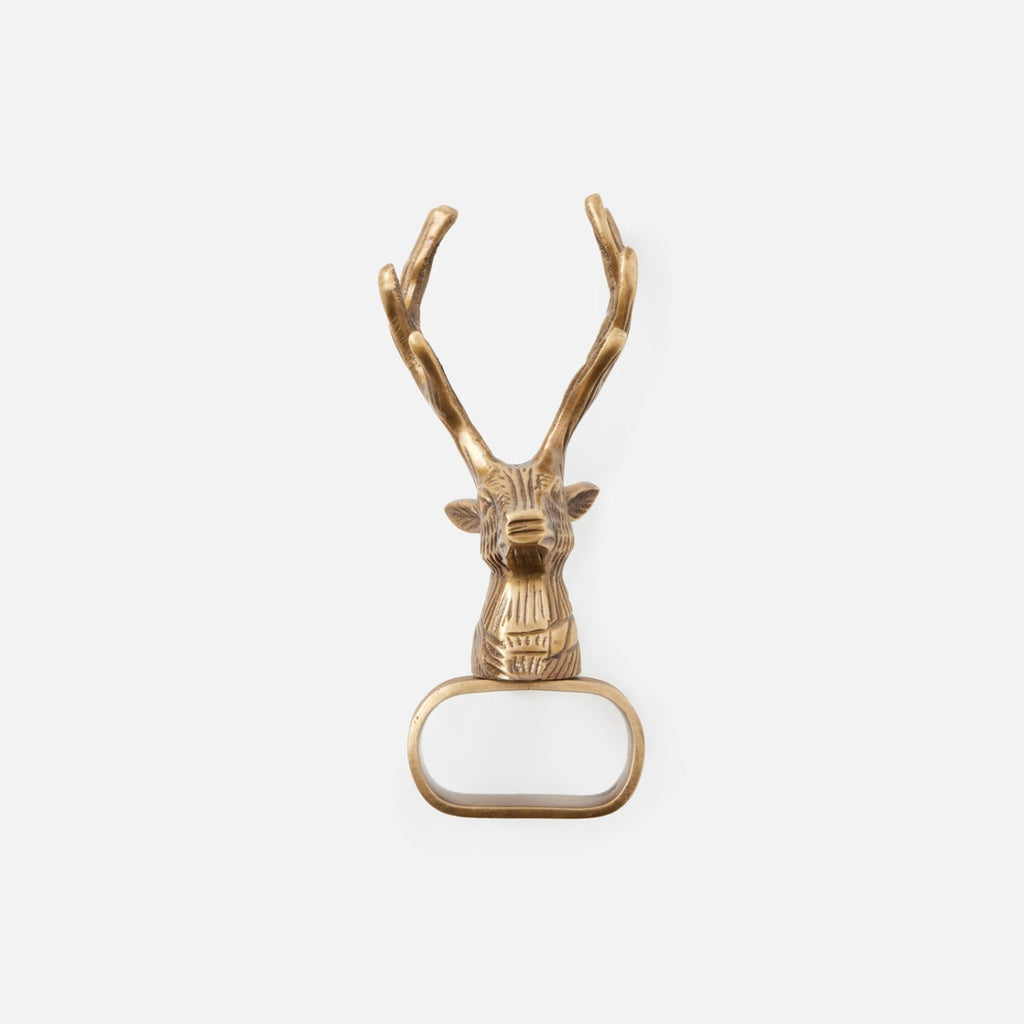 Blue Pheasant Rudolph Deer Antique Brass Napkin Rings, Set of 4