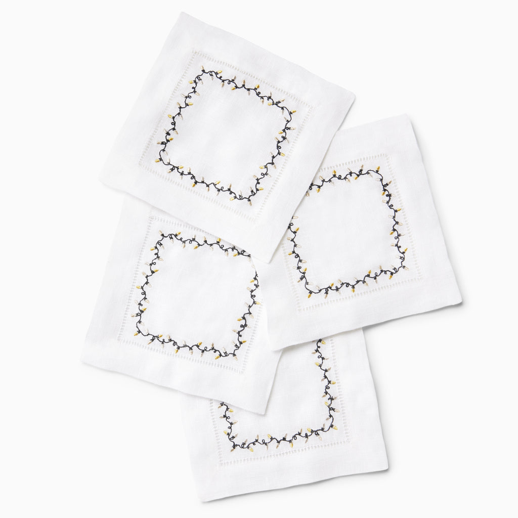 Sferra Luci Christmas Light Embroidered Cocktail Napkins Gold Silver