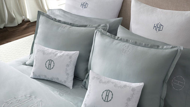 Matouk Monograms available on bedding, robes, shower curtains, blankets, and more