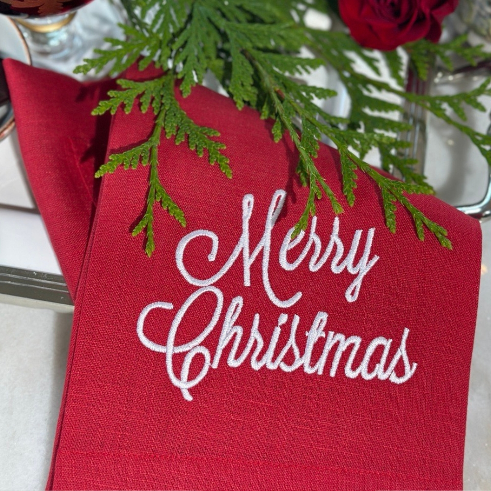 Arte Italica Merry Christmas Red Linen Towel with White Embroidery