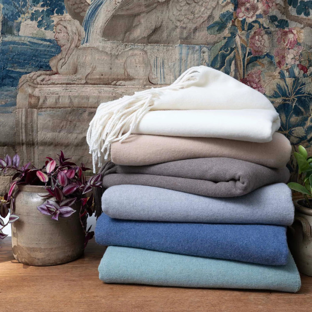 Scandia Home Pietro Lambswool Throw in White, Ivory, Classic Grey, Lake Blue, Lichen, Nougat and Truffle