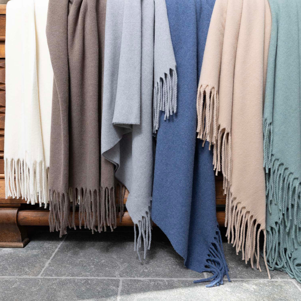 Scandia Home Pietro Lambswool Throw in White, Ivory, Classic Grey, Lake Blue, Lichen, Nougat and Truffle
