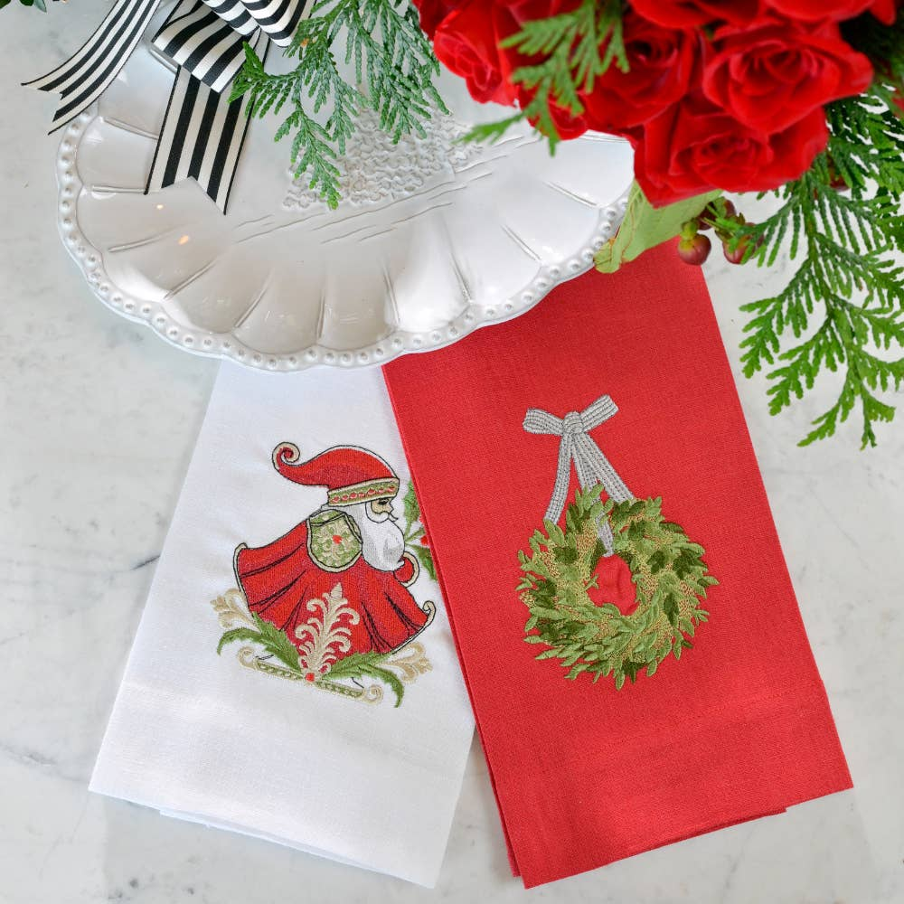 Crown Linens Embroidered Nordic Santa Linen Towel and Boxwood Wreath Towel