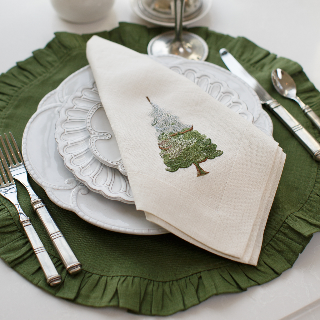 Crown Linens Snowy Pine Linen Embroidered Napkin