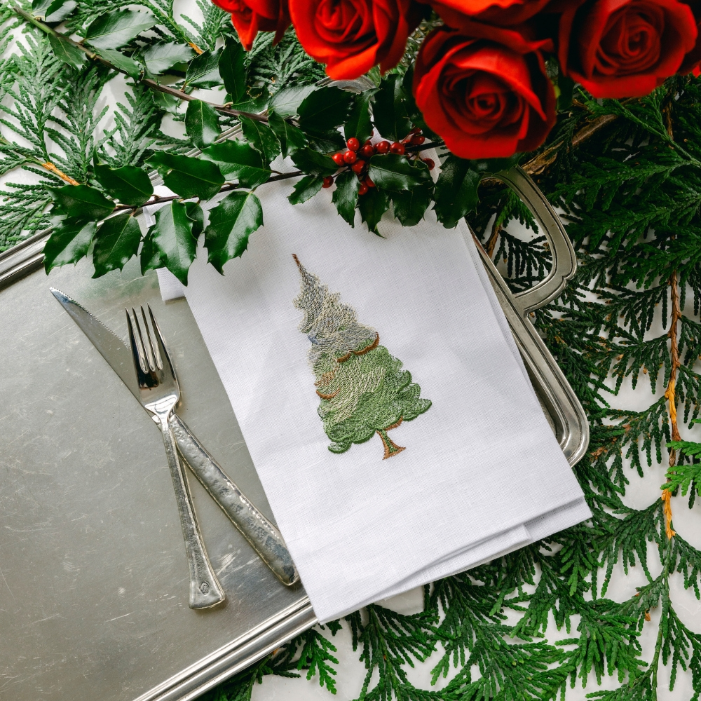 Crown Linens Embroidered Snowy Pine Linen Towel