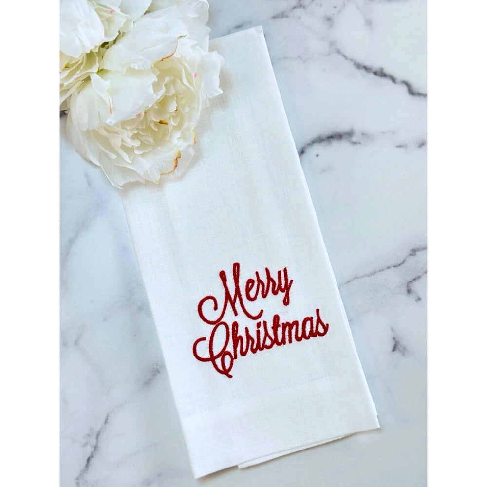 Arte Italica Merry Christmas Linen Towel in White linen with red script font embroidery