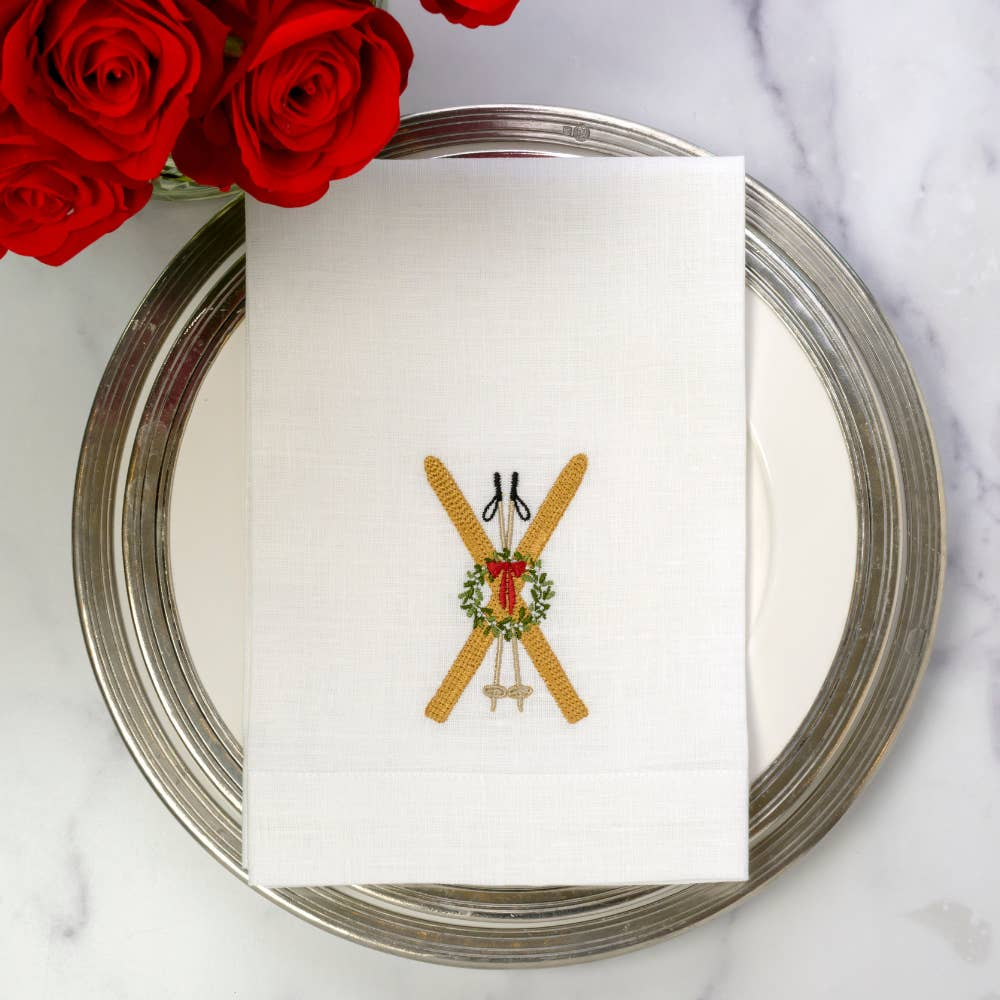Arte Italica Embroidered Vintage Skis Tri-Fold Linen Napkin