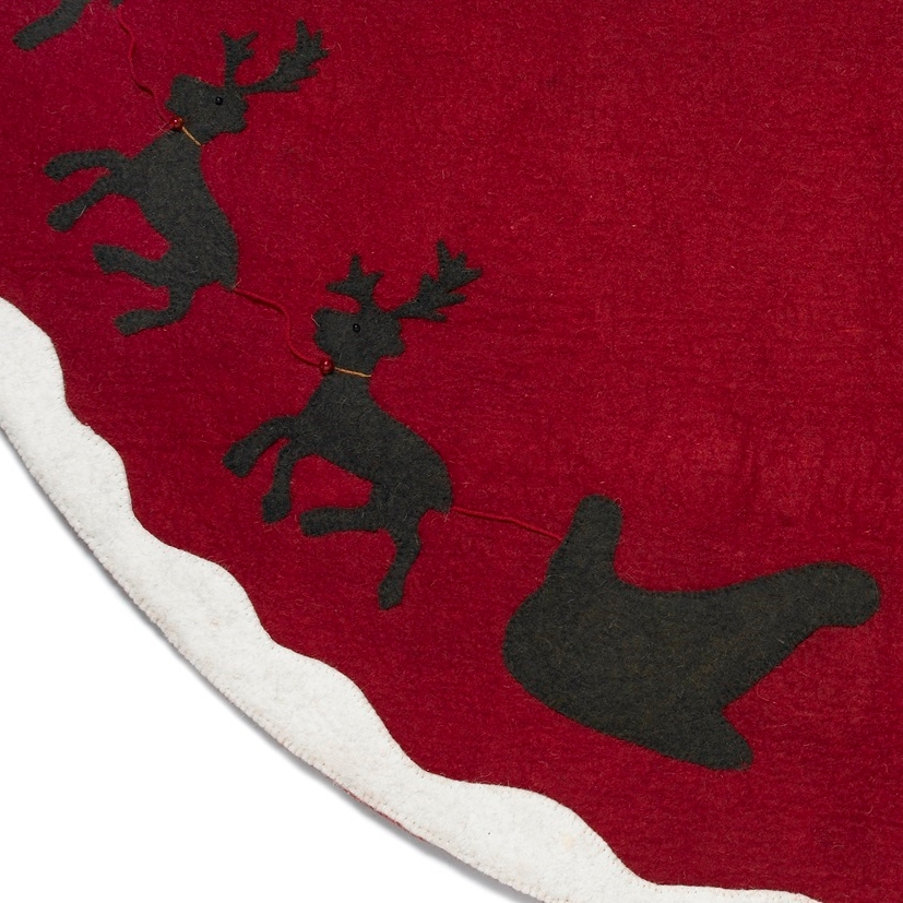 Arcadia Home Reindeer on Felted Wool Tree Skirt, Santa's Sleigh, Brown on Red with Cream