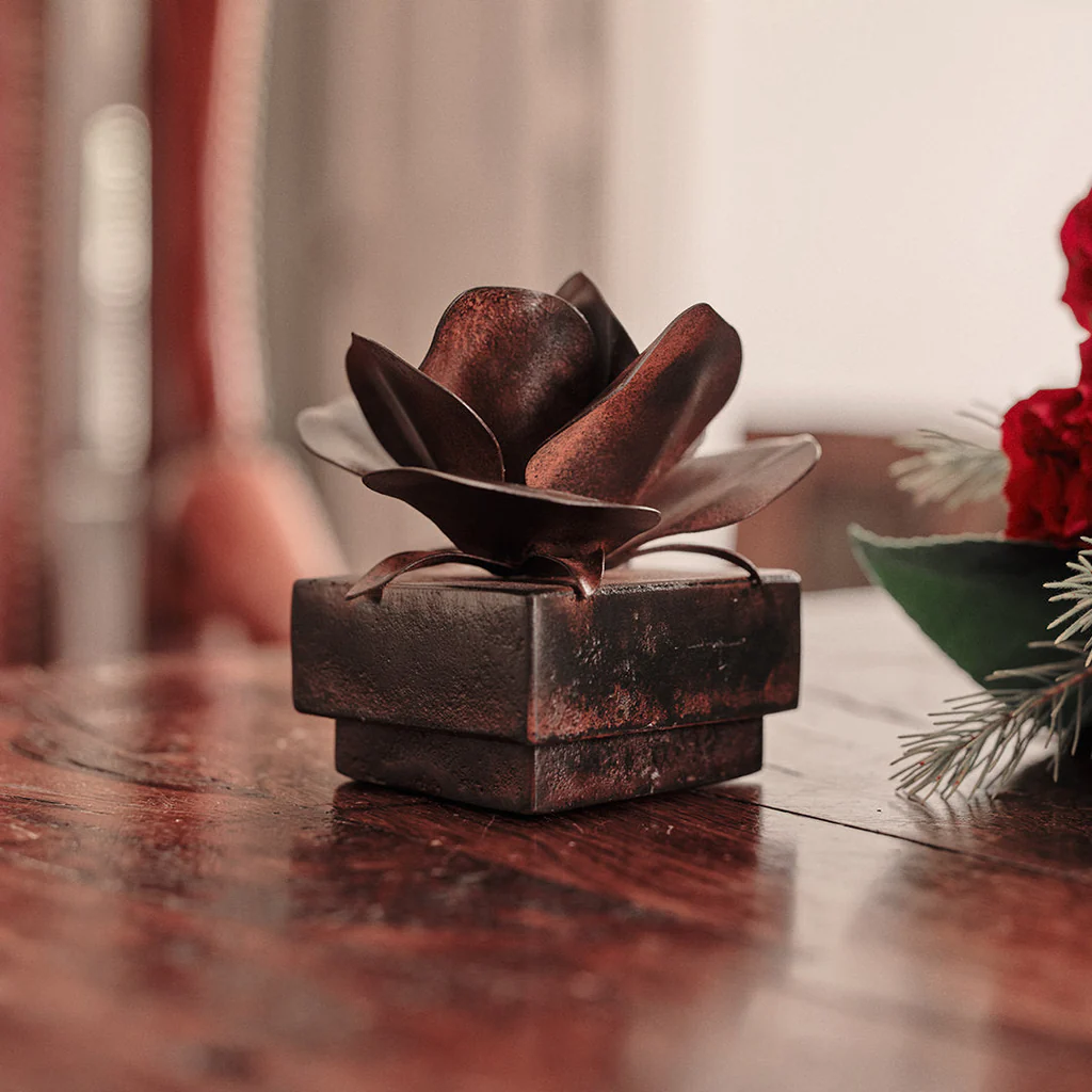 Jan Barboglio Rosa Square Iron Box with  Nickel Rose on Lid