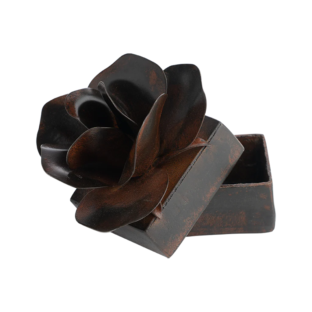 Jan Barboglio Rosa Square Iron Box with Natural Rose on Lid