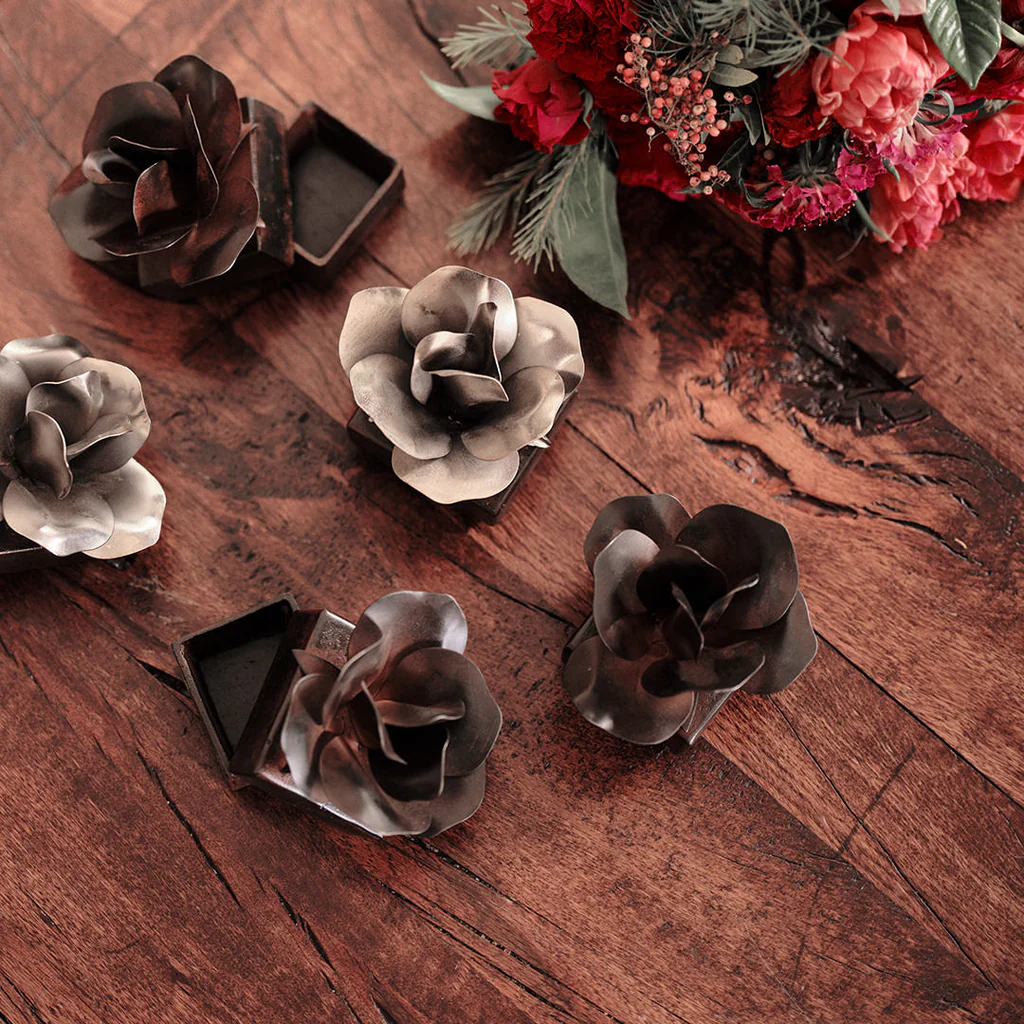 Jan Barboglio Rosa Square Iron Box with Natural or Nickel Rose on Lid