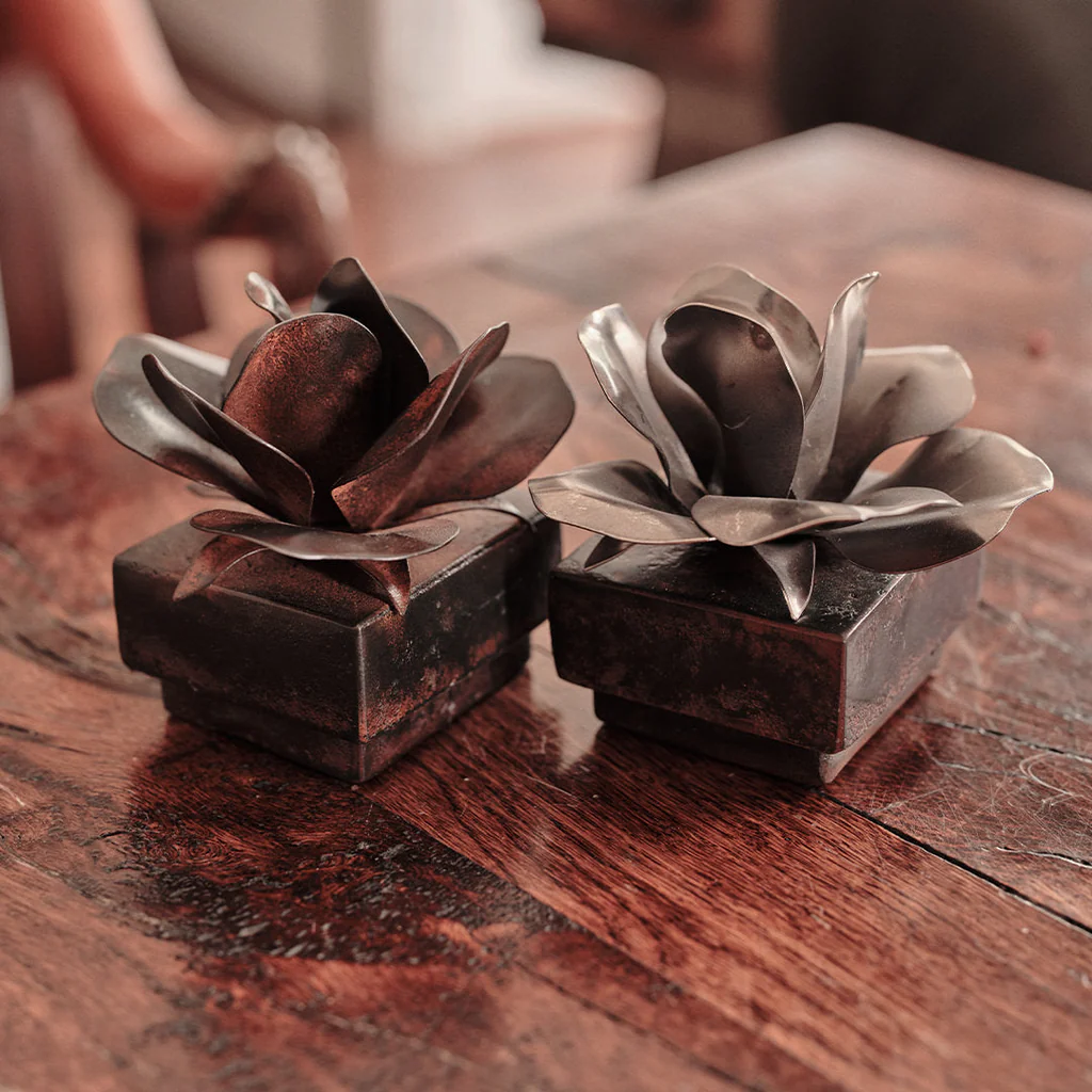 Jan Barboglio Rosa Square Iron Box with Natural or Nickel Rose on Lid