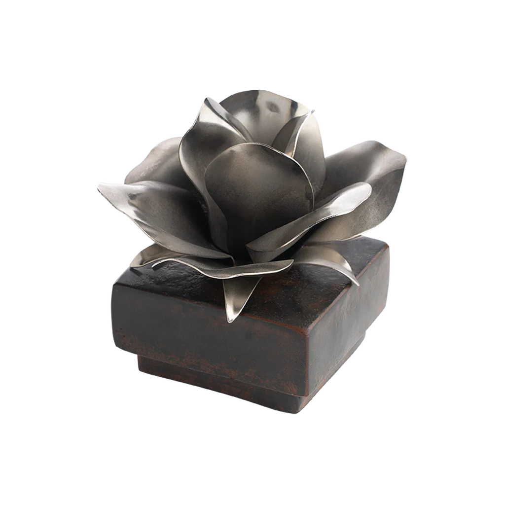 Jan Barboglio Rosa Square Iron Box with Nickel Rose on Lid