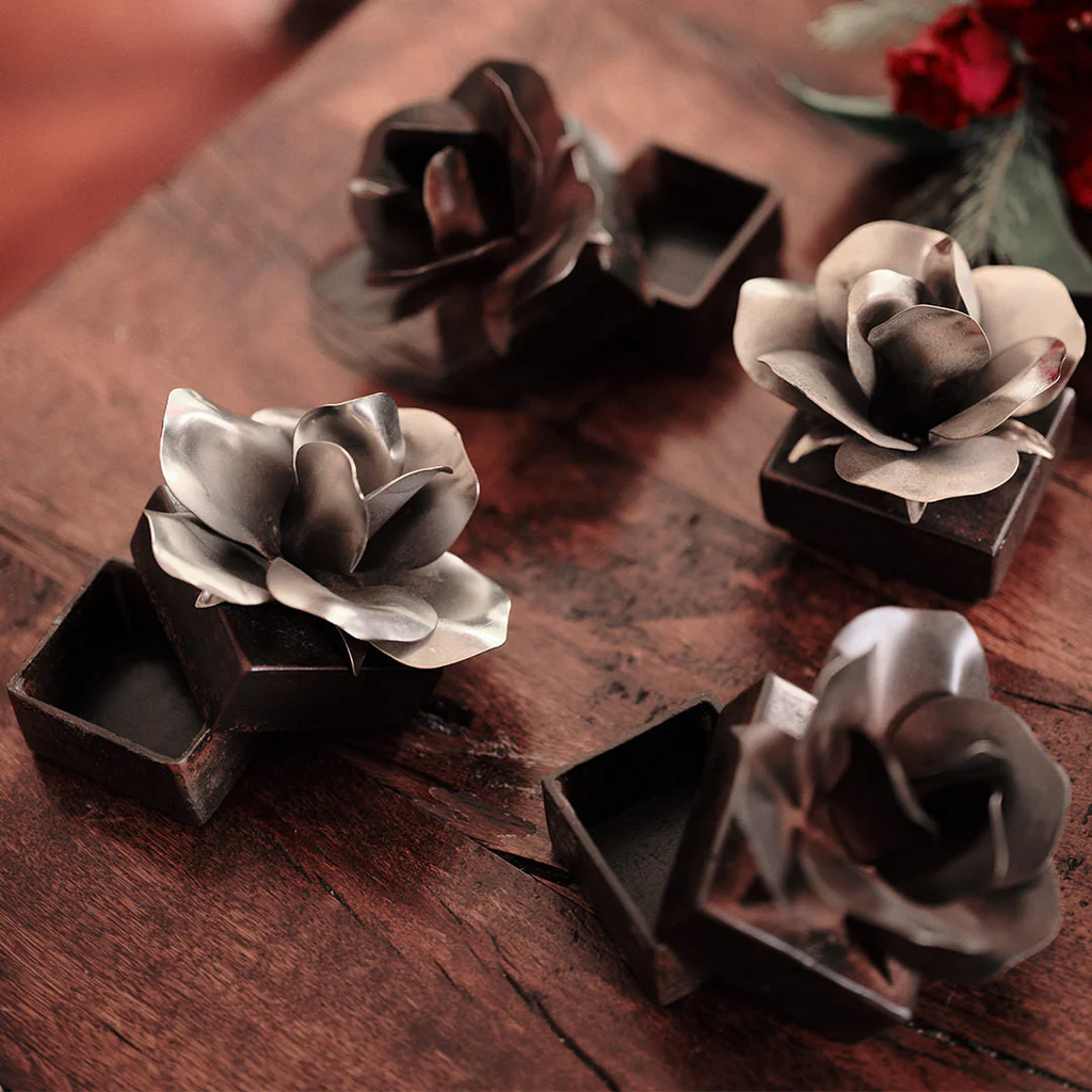 Jan Barboglio Rosa Square Iron Box with Natural or Nickel Rose on Lid