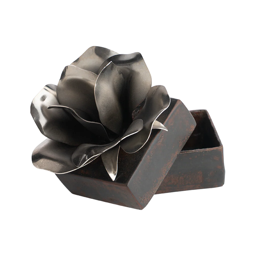Jan Barboglio Rosa Square Iron Box with Nickel Rose on Lid