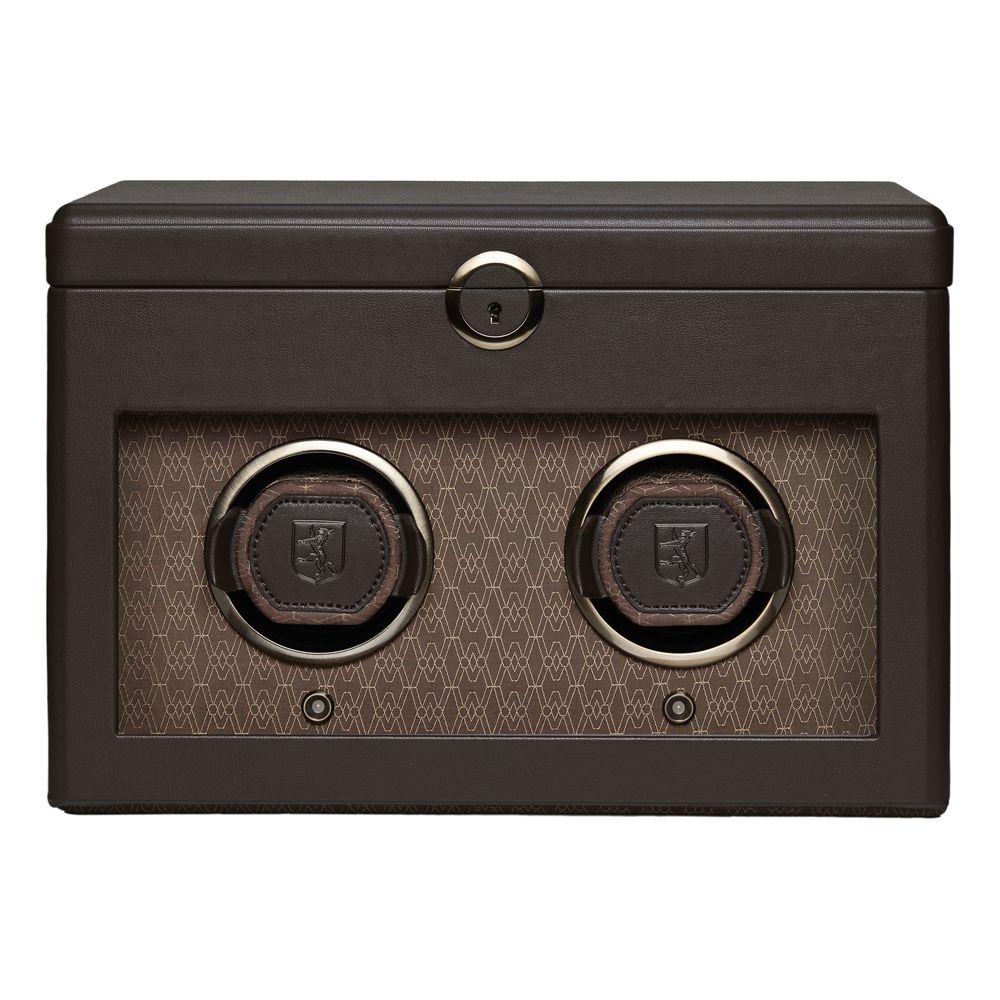 Wolf 1834 Earth Double Watch Winder in Apple leather exterior and recycled jacquard satin interior with WOLF signature pattern, matte metallic hardware