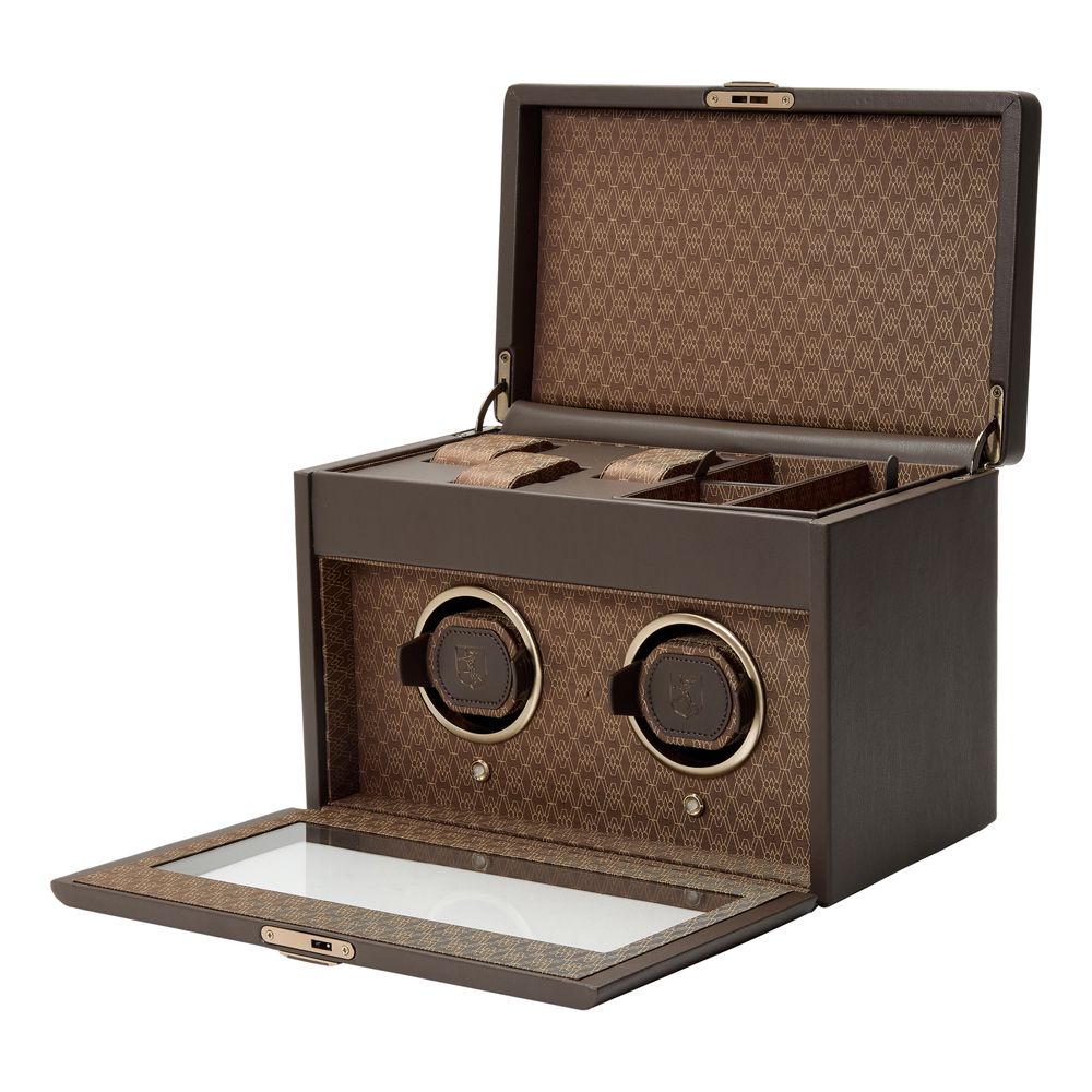 Wolf 1834 Earth Double Watch Winder in Apple leather exterior and recycled jacquard satin interior with WOLF signature pattern, matte metallic hardware