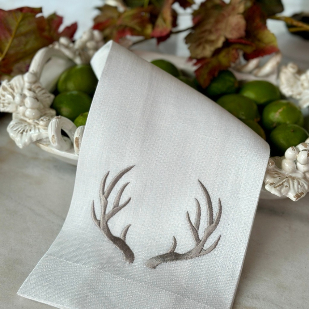 Crown Linens Embroidered Antlers Linen Guest Tea Towel White/Taupe