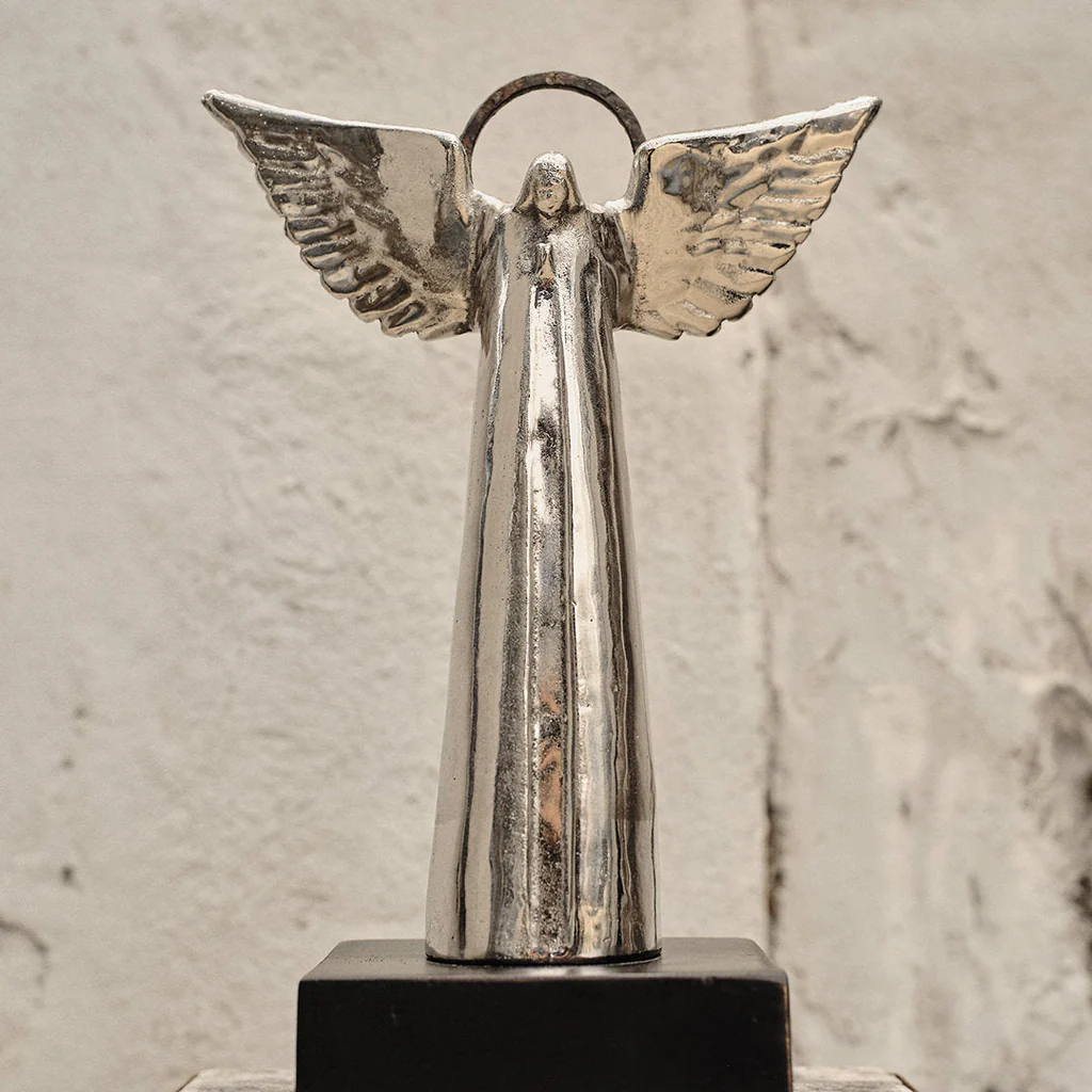 Jan Barboglio Angel D'Paz Nickel Plated Angel with Halo on Wood Base