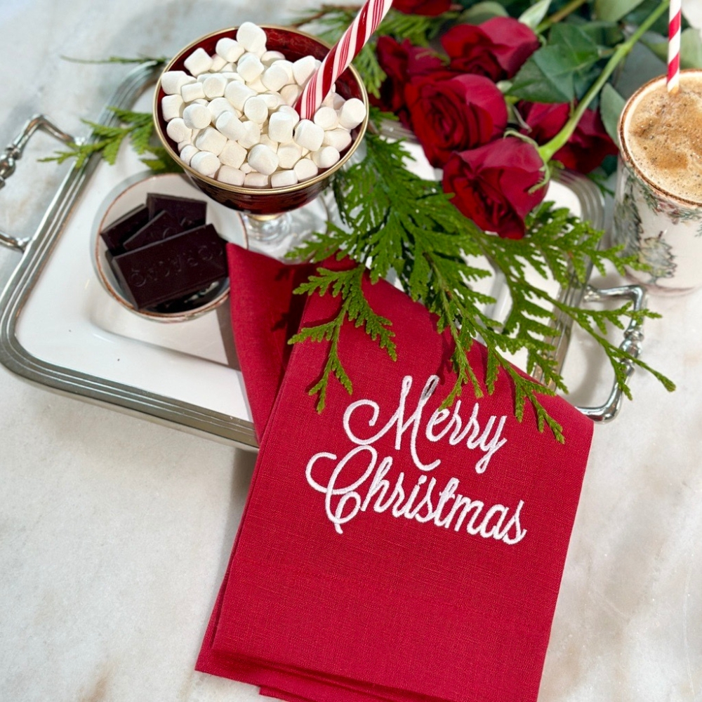 Arte Italica Merry Christmas Red Linen Towel with White Embroidery
