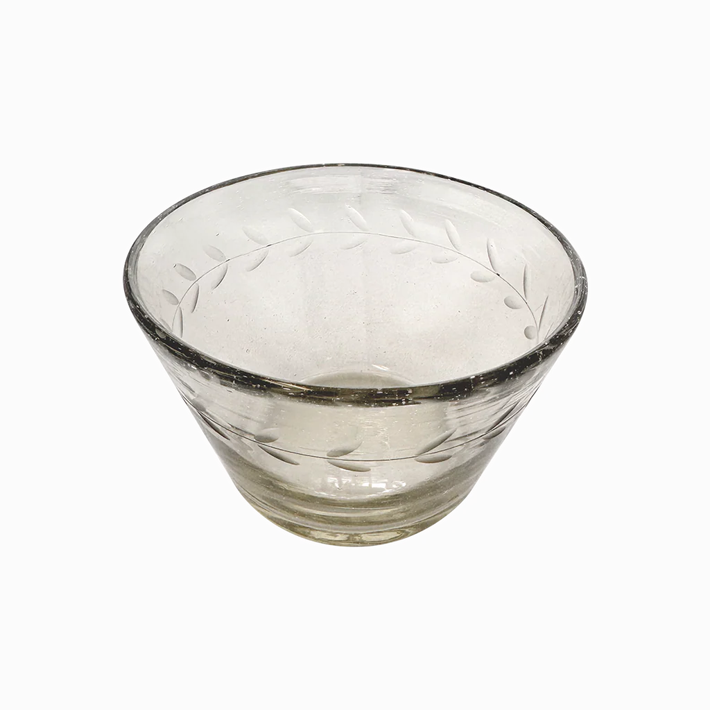 Jan Barboglio Perfecto Clear, Laurel Etched, Mouth Blown Glass Bowl