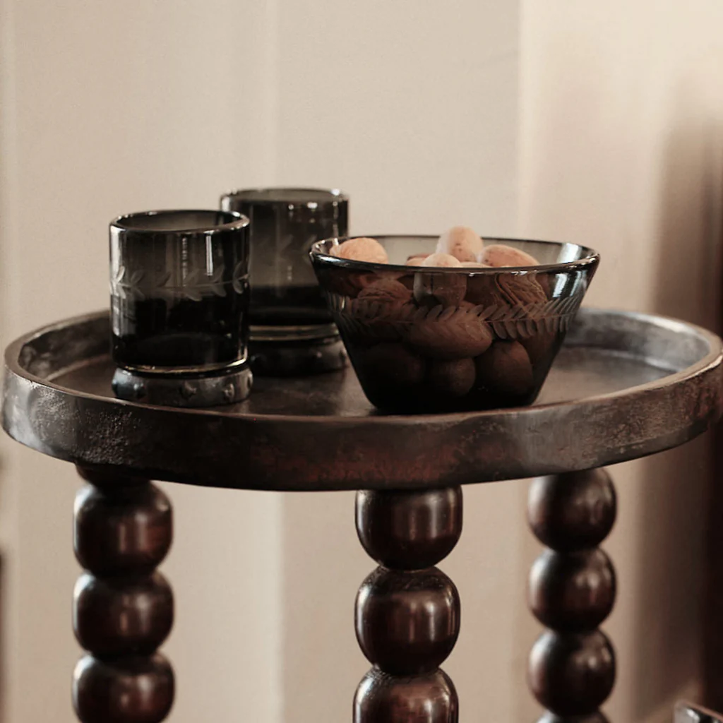 Jan Barboglio Absoluto Laurel Engraved Smoke Colored Glass Bowl