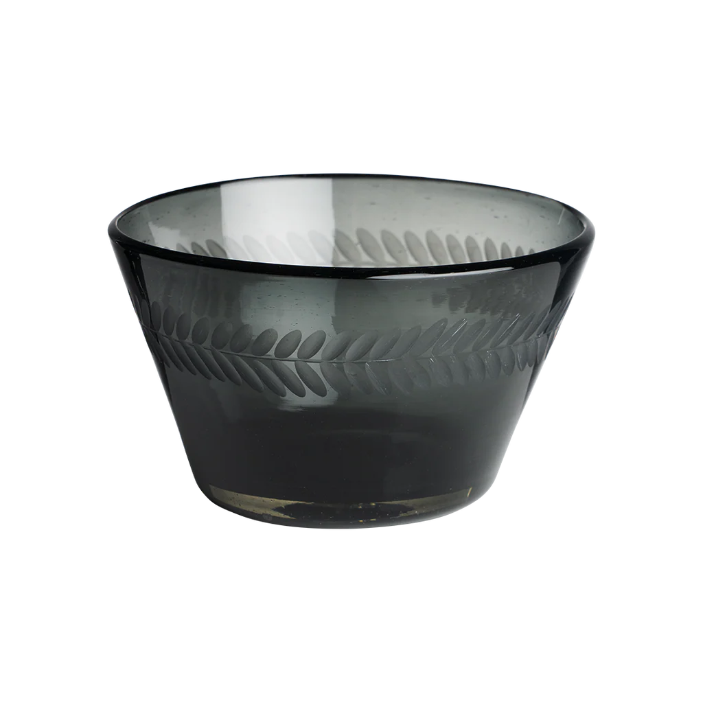 Jan Barboglio Absoluto Laurel Engraved Smoke Colored Glass Bowl