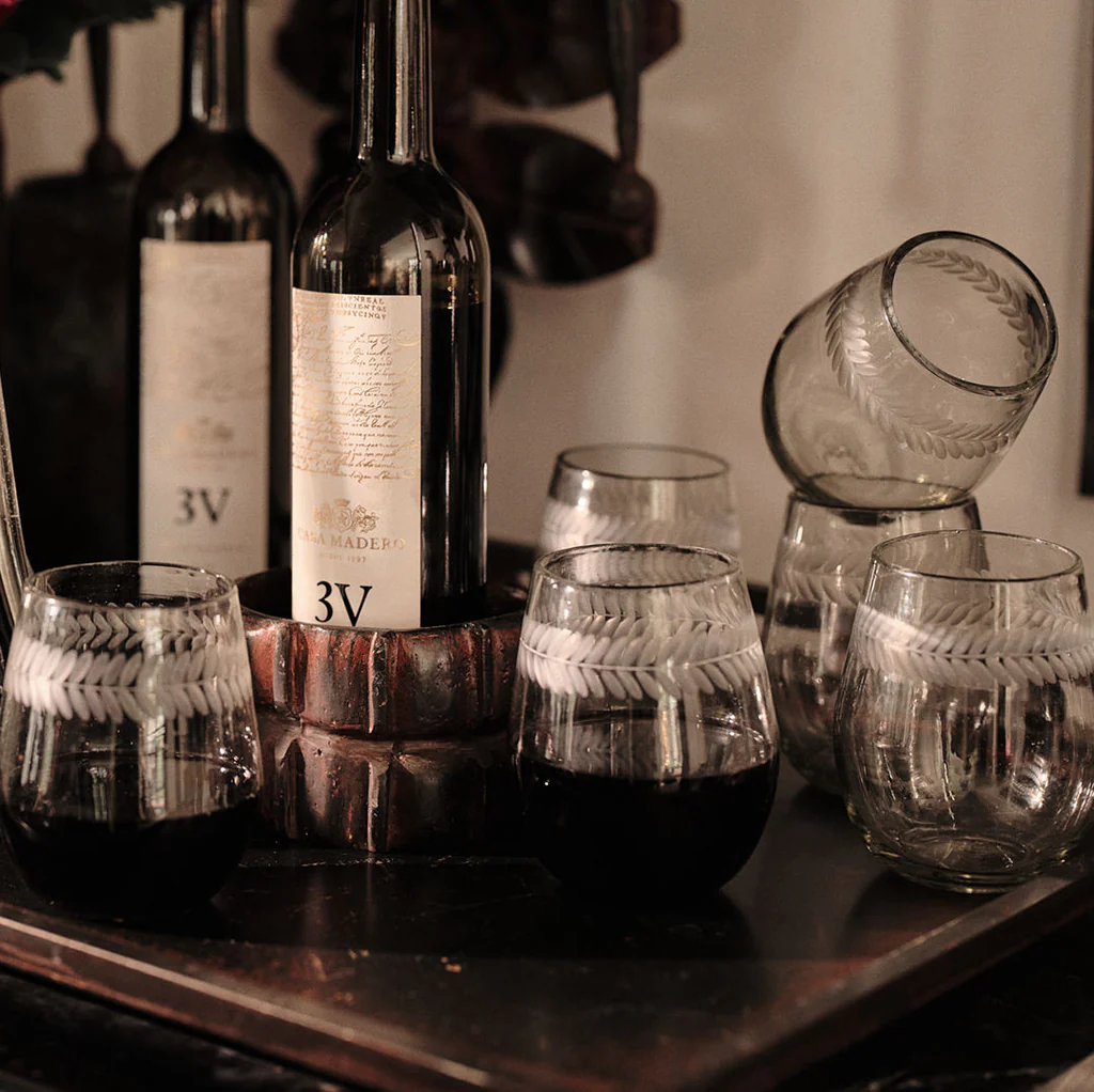 Jan Barboglio Honor Stemless Etched Drinking Glass and Cuadro Corral Iron Bottle Holder