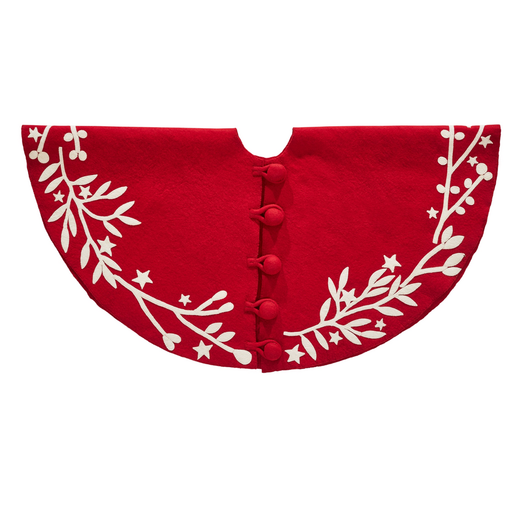 Arcadia Home Branches and Stars Felted Wool Tree Skirt, cream on red