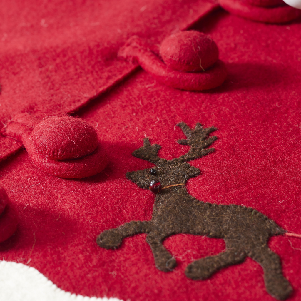 Arcadia Home Reindeer on Felted Wool Tree Skirt, Santa's Sleigh, Brown on Red with Cream