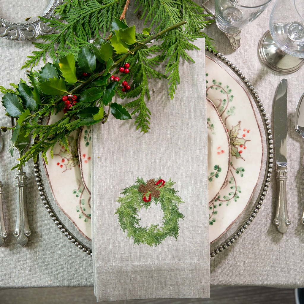Crown Linens Juniper Wreath Embroidered Linen Guest Tea Towel with pinecones and red bow