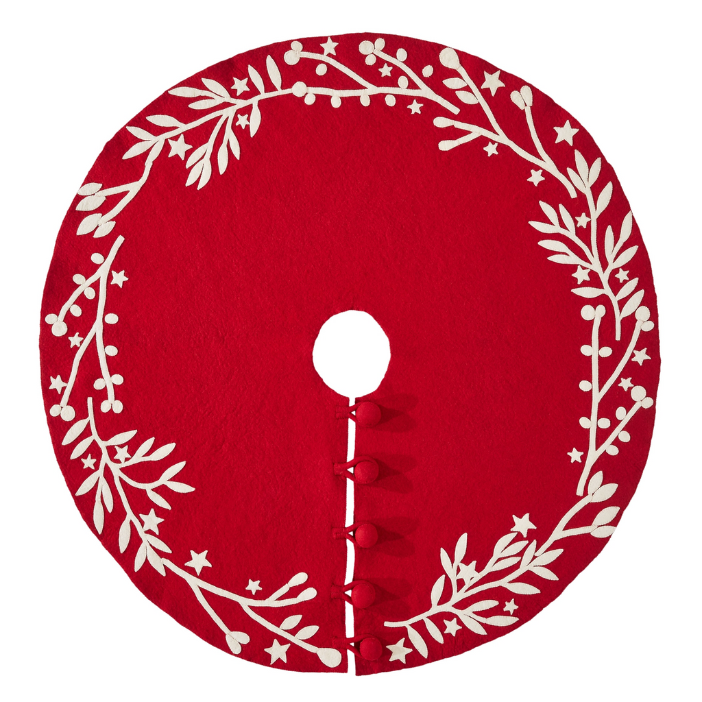 Arcadia Home Branches and Stars Felted Wool Tree Skirt, cream on red