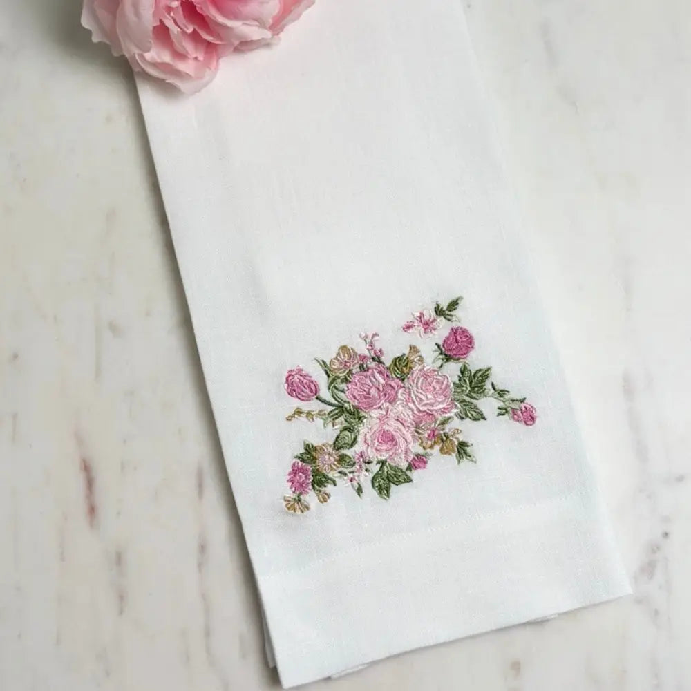 Crown Linens Embroidered Pink Vintage Floral Linen Towel