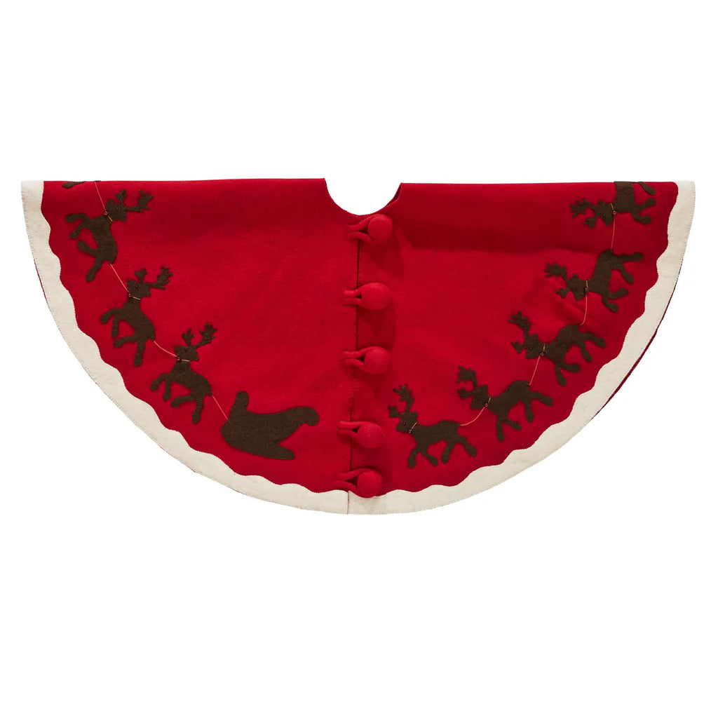 Arcadia Home Reindeer on Felted Wool Tree Skirt, Santa's Sleigh, Brown on Red with Cream