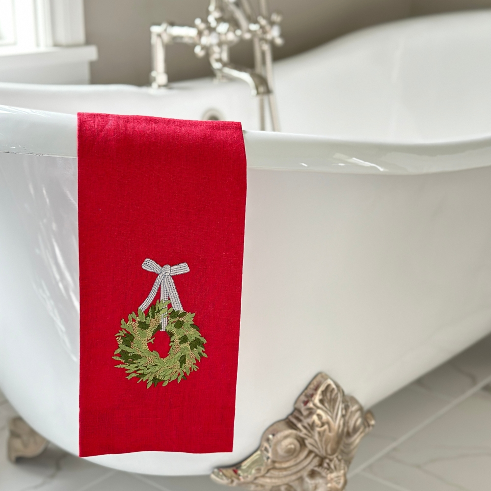 Crown Linens Boxwood Wreath Flax Linen Embroidered Guest Tea Towel