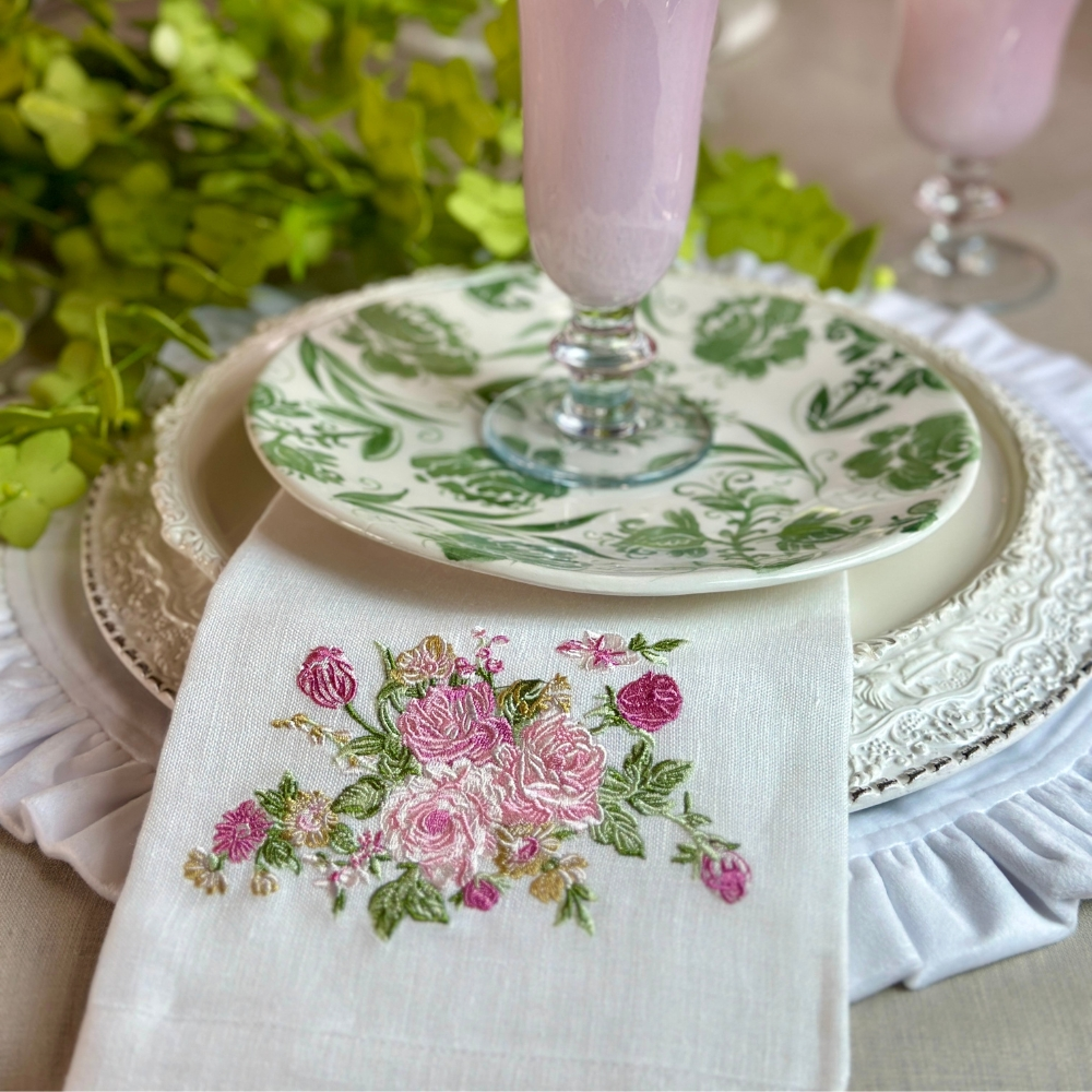 Crown Linens Embroidered Pink Vintage Floral Linen Towel