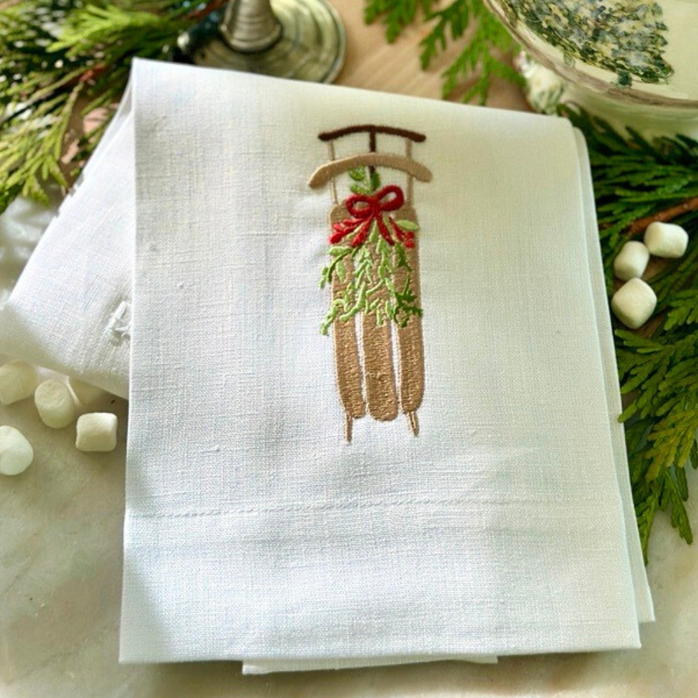 Crown Linens Christmas Sled Embroidered Linen Guest Tea Towel