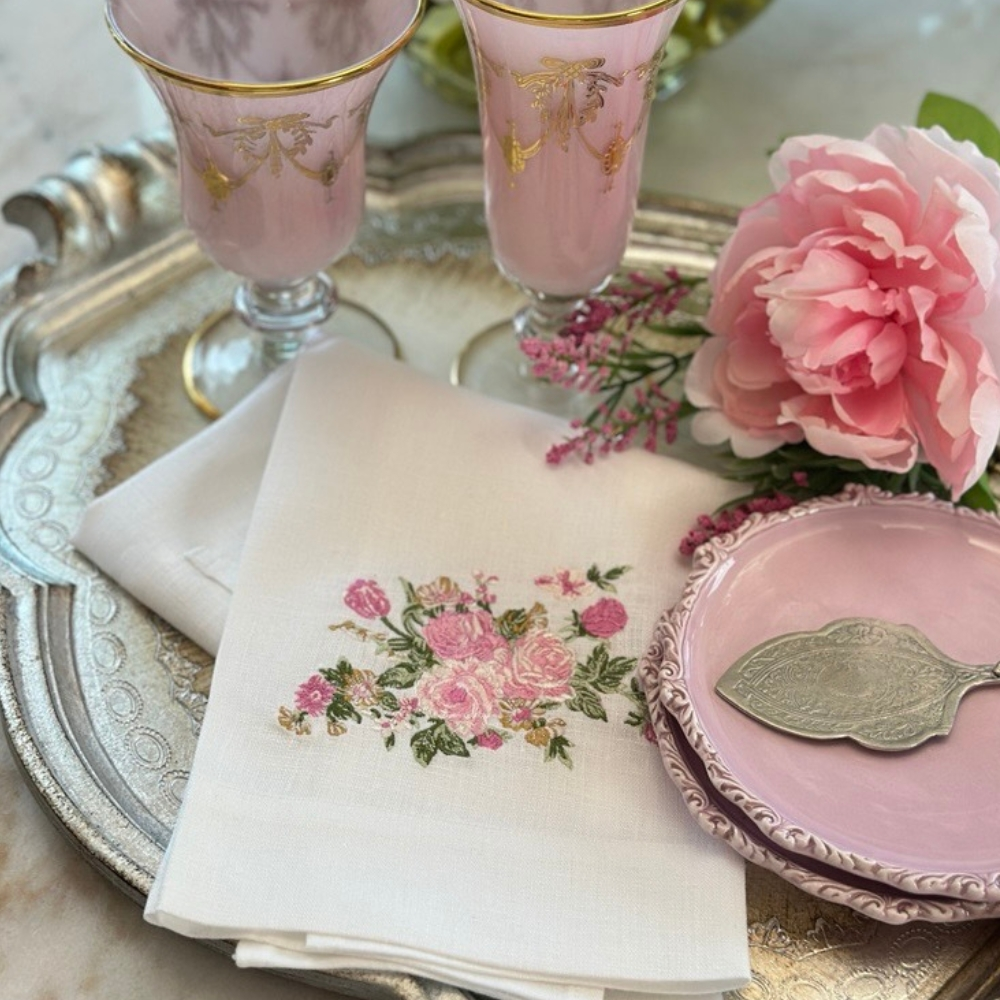 Crown Linens Embroidered Pink Vintage Floral Linen Towel