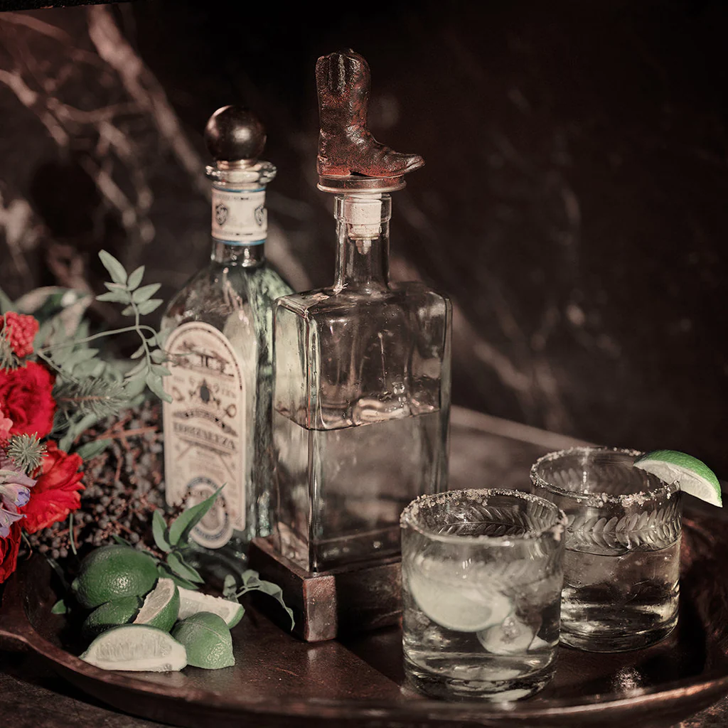 Jan Barboglio Wayne Cowboy Boot Decanter with handmade etched drinking glasses on iron tray