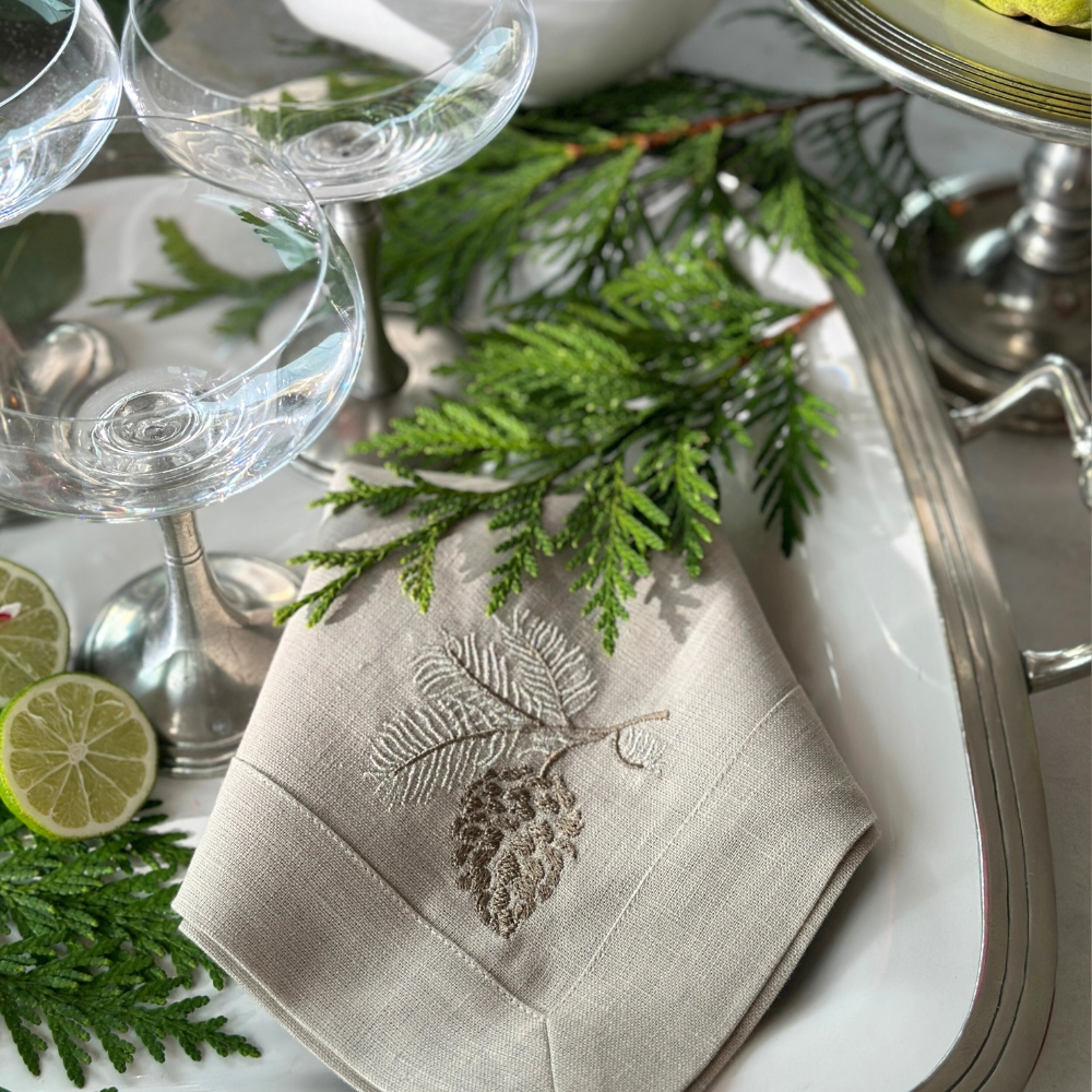 Arte Italica Crown Linens Pinecone Embroidered Flax Linen Napkin