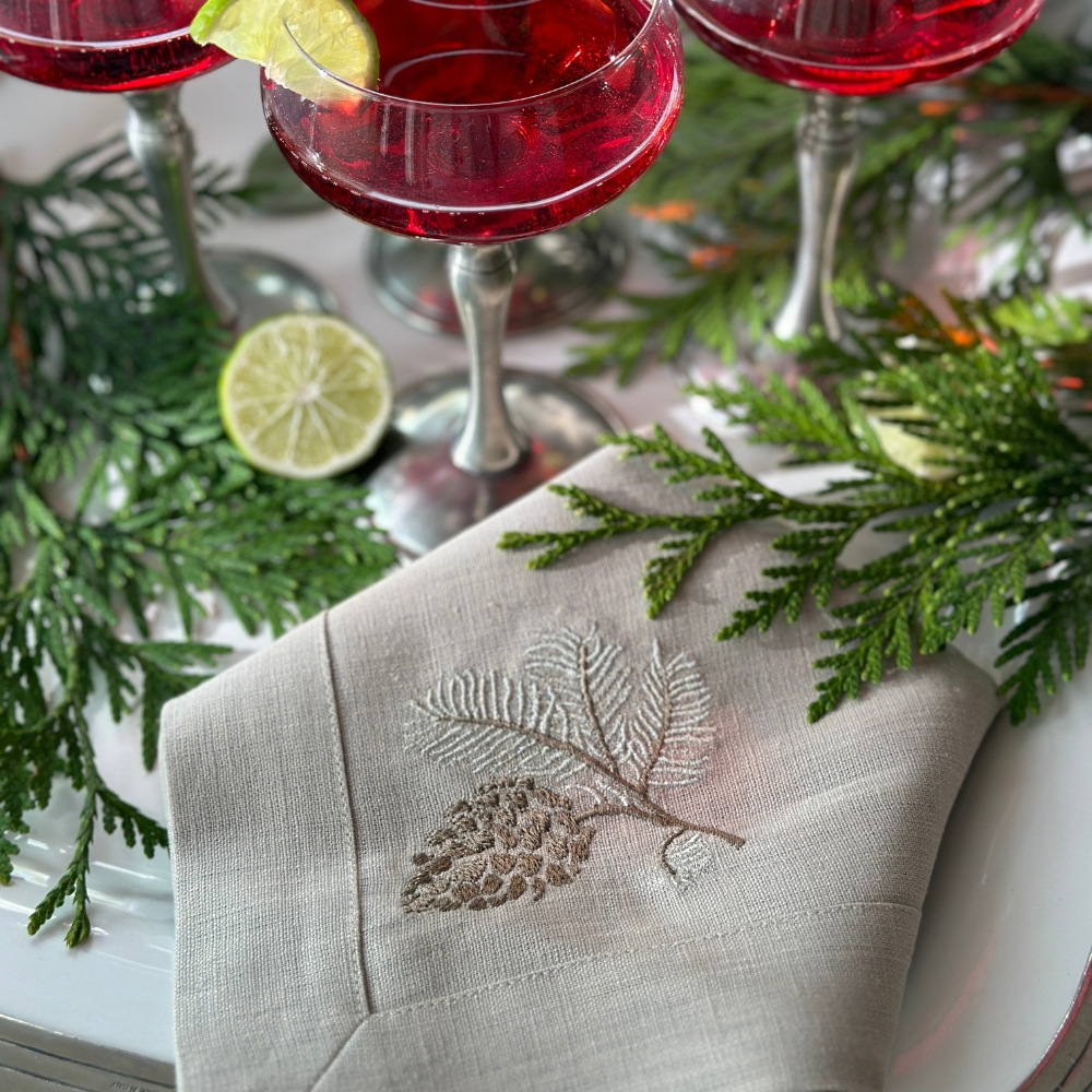 Arte Italica Crown Linens Pinecone Embroidered Flax Linen Napkin