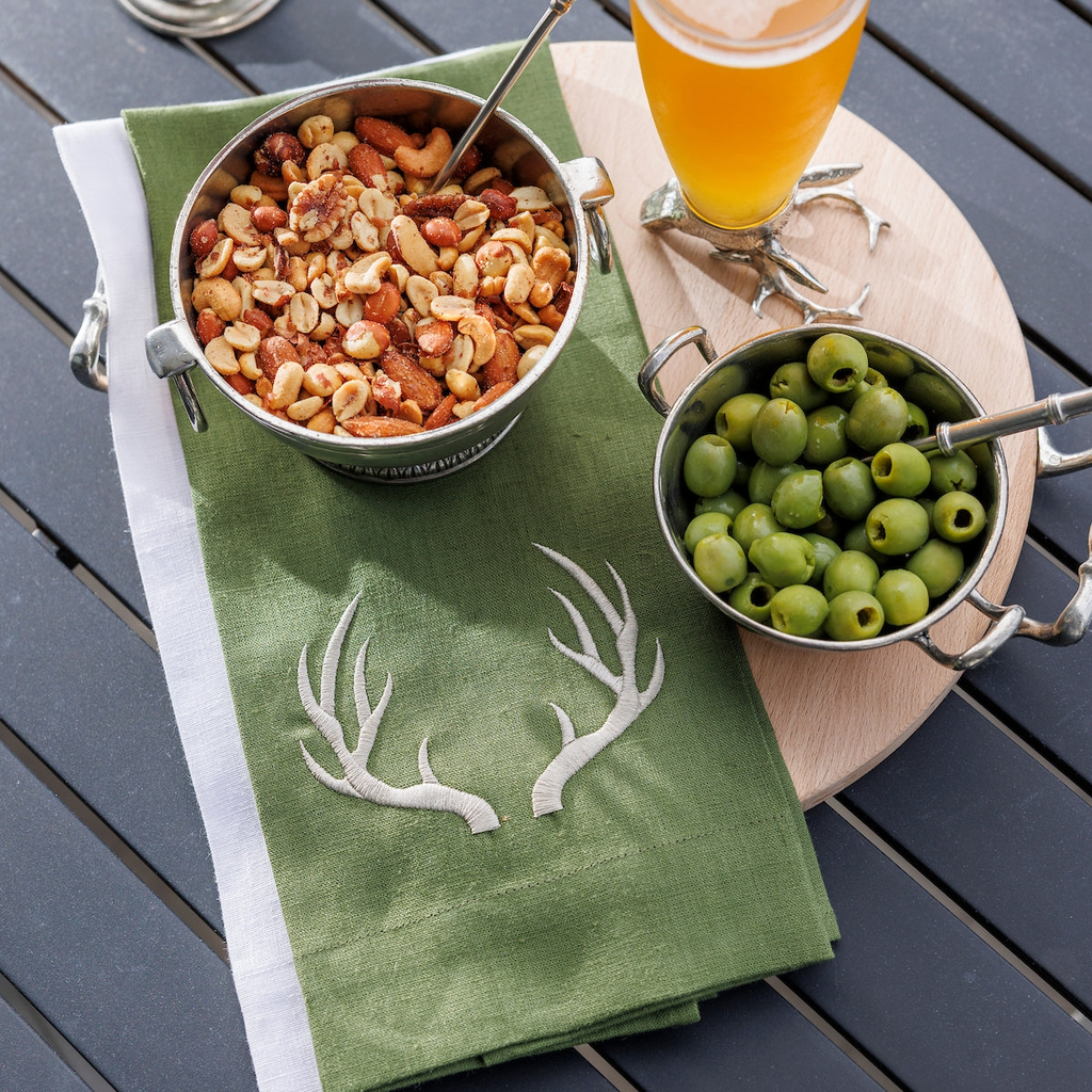 Crown Linens Embroidered Antlers Linen Guest Tea Towel Evergreen/Taupe