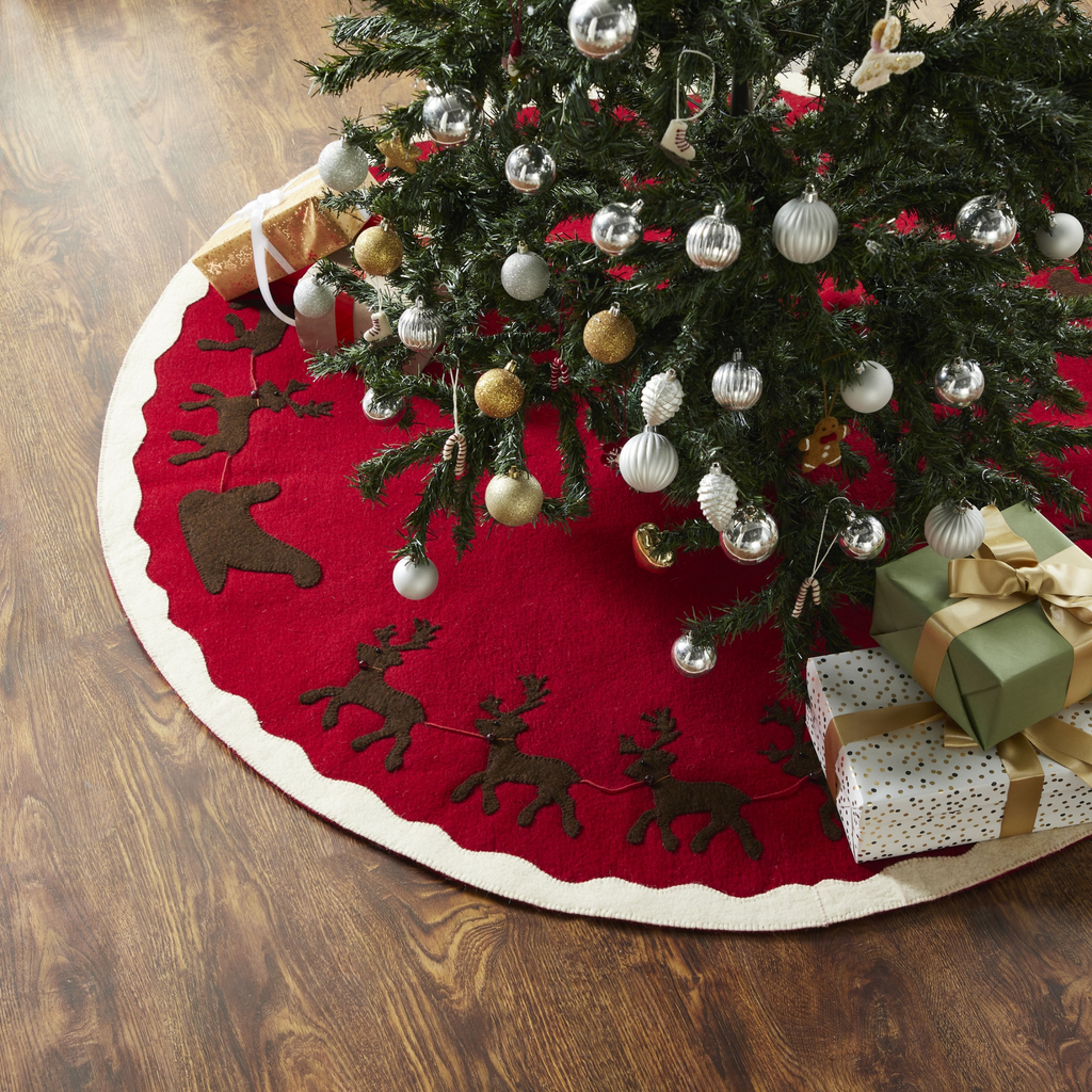 Arcadia Home Reindeer on Felted Wool Tree Skirt, Santa's Sleigh, Brown on Red with Cream