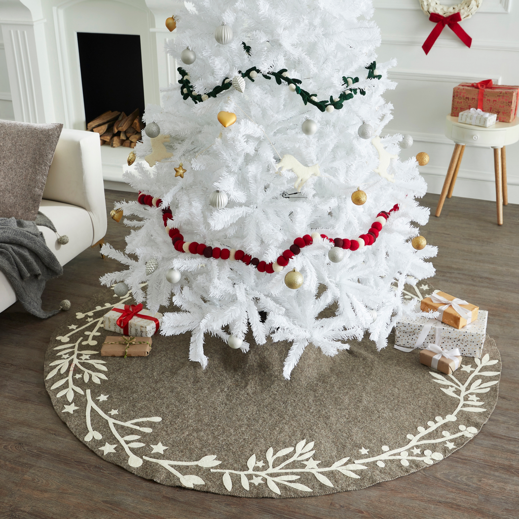 Arcadia Home Cream Branches and Stars on Grey Felt Tree Skirt