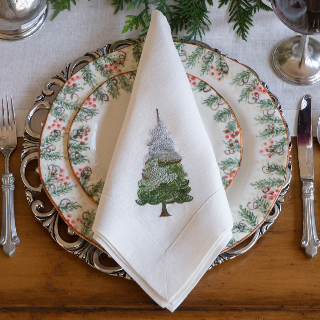 Crown Linens Snowy Pine Linen Embroidered Napkin
