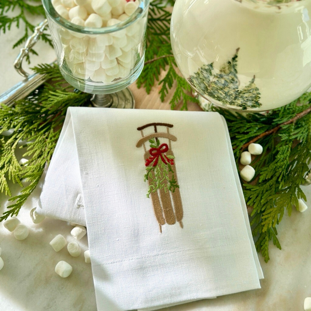 Crown Linens Christmas Sled Embroidered Linen Guest Tea Towel