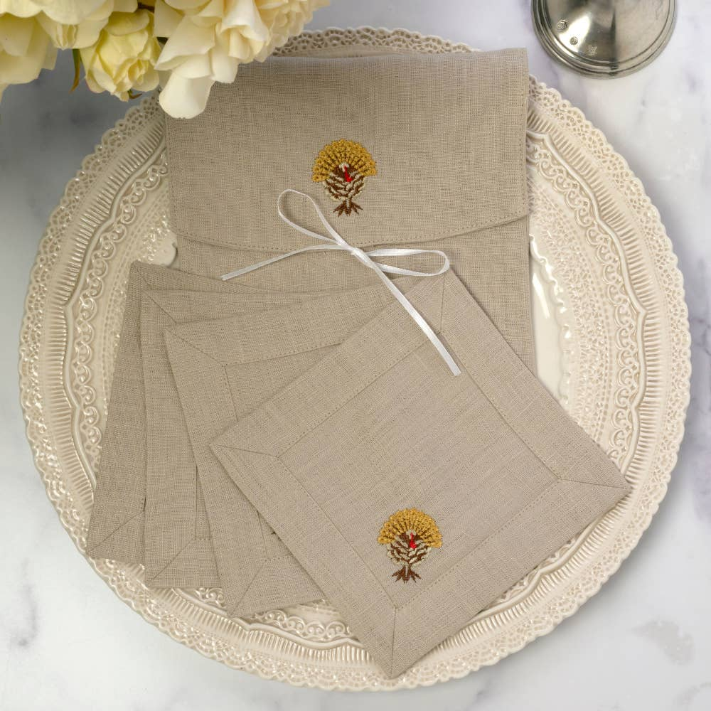 Crown Linen Embroidered Turkey Cocktail Linen Napkin Set