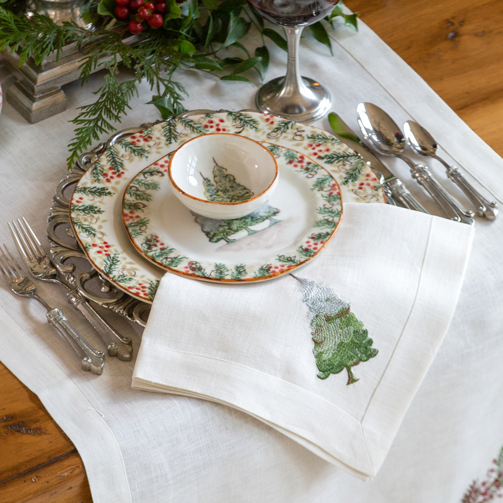 Crown Linens Snowy Pine Linen Embroidered Napkin