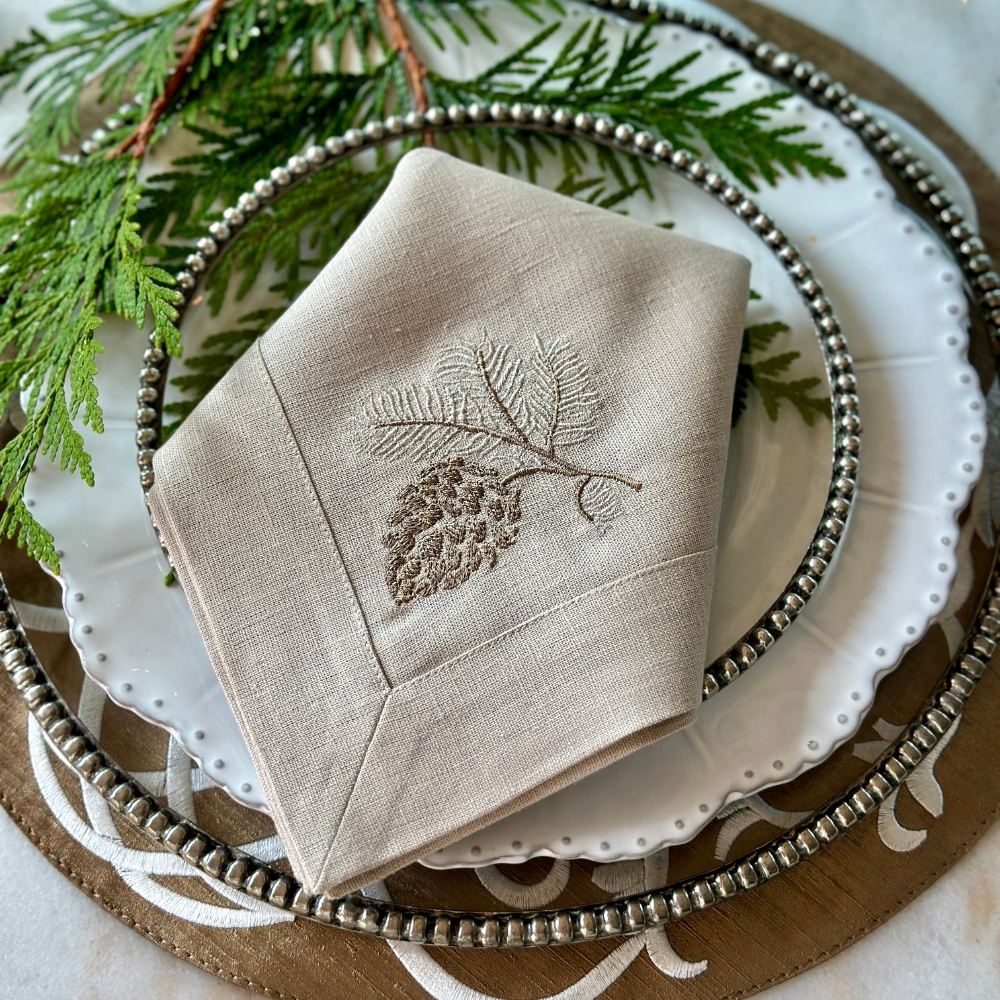 Arte Italica Crown Linens Pinecone Embroidered Flax Linen Napkin