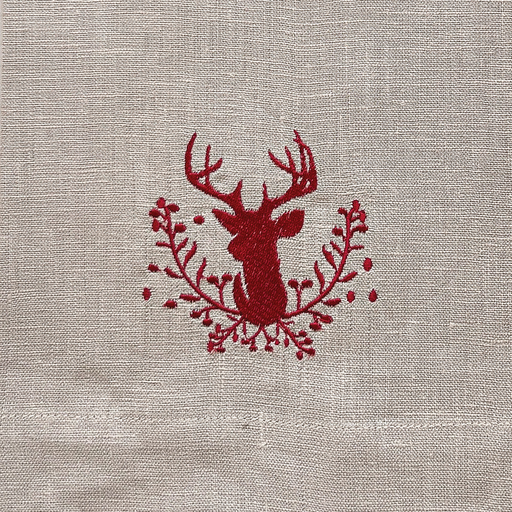 Crown Linens Embroidered Stag with Holly Berry Linen Guest Tea Towel